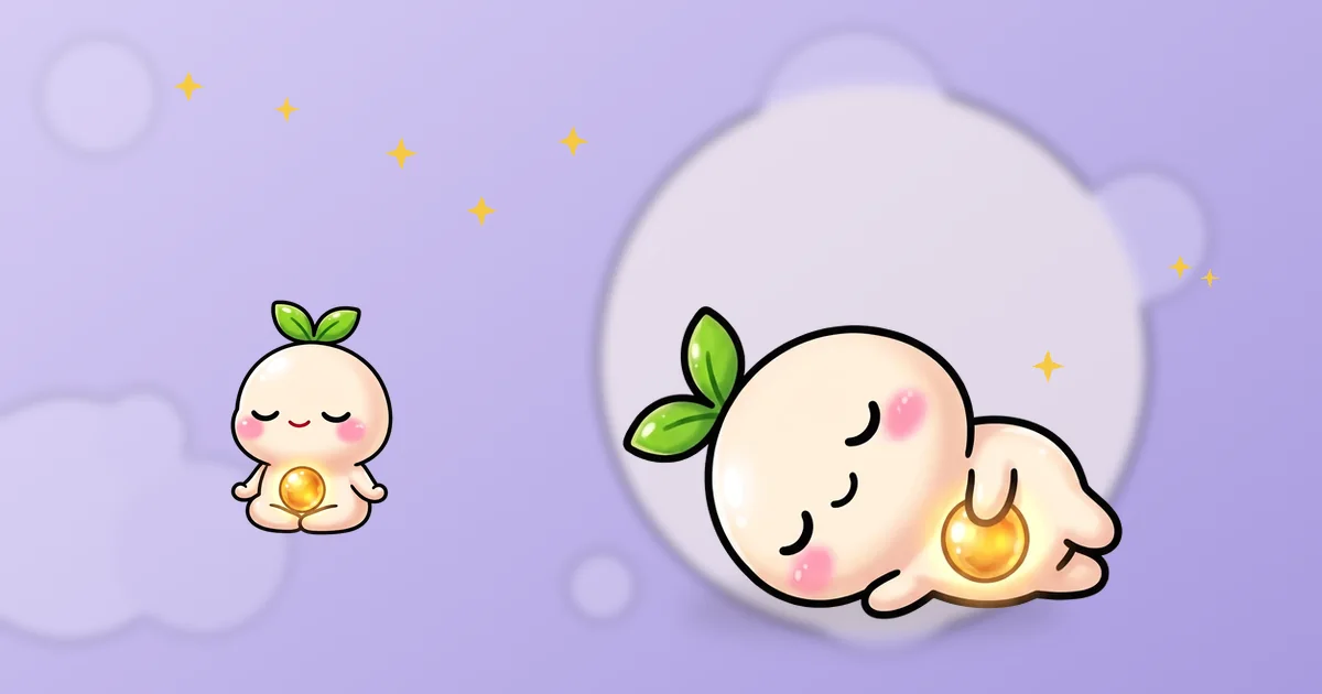 Kipetchi endormi, roulé en boule, sur un fond lavande de nuit parsemé de petites étoiles