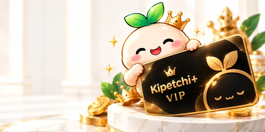Kipetchi mit Krone und seiner Kipetchi+-VIP-Karte